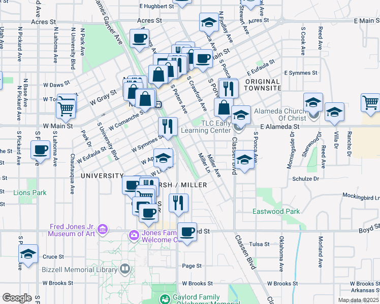 map of restaurants, bars, coffee shops, grocery stores, and more near 114 Castro Street in Norman