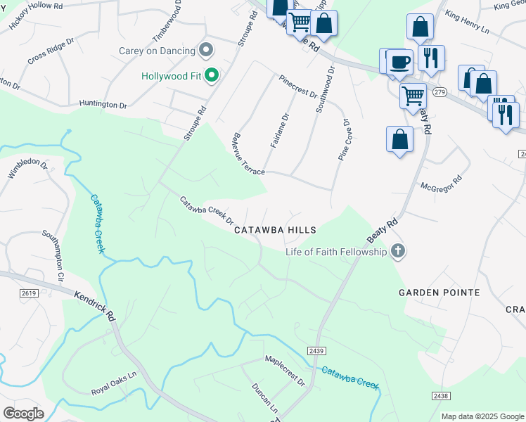 map of restaurants, bars, coffee shops, grocery stores, and more near 3825 Broadwater Court in Gastonia