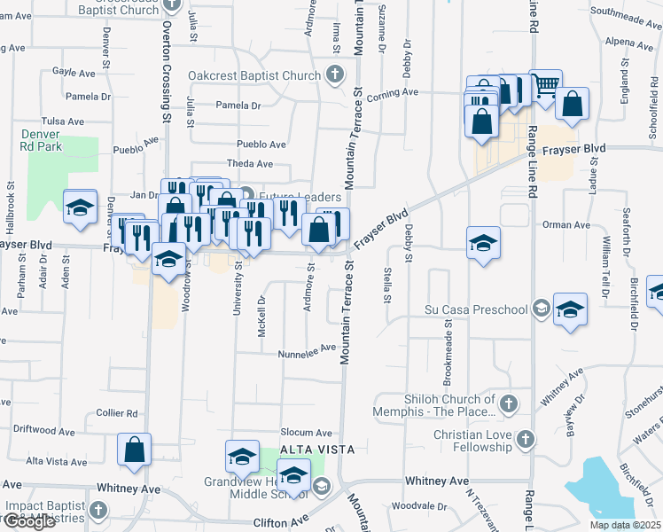 map of restaurants, bars, coffee shops, grocery stores, and more near 2341 Frayser Boulevard in Memphis