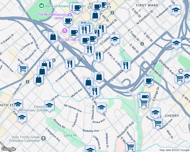 map of restaurants, bars, coffee shops, grocery stores, and more near 801 Baxter Street in Charlotte