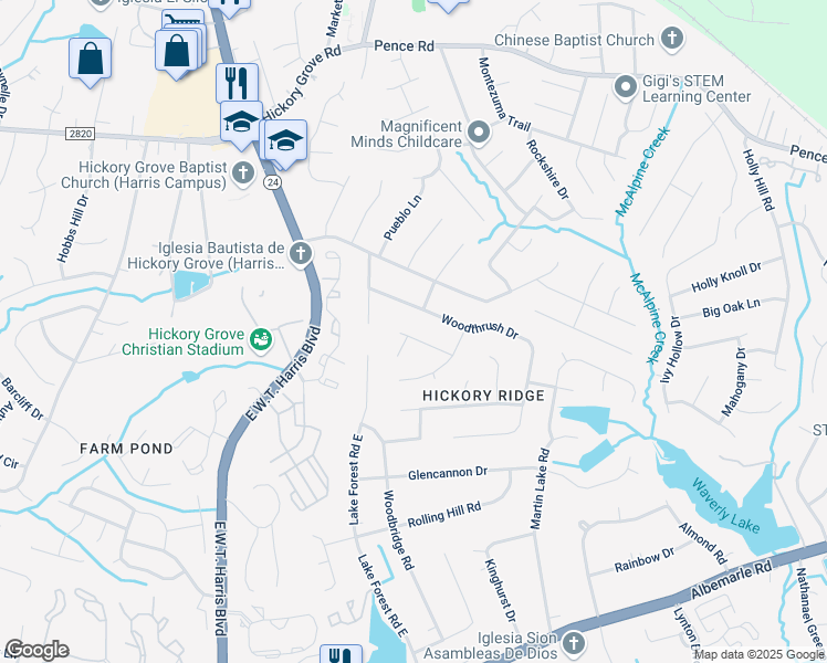 map of restaurants, bars, coffee shops, grocery stores, and more near 6101 Charred Pine Circle in Charlotte