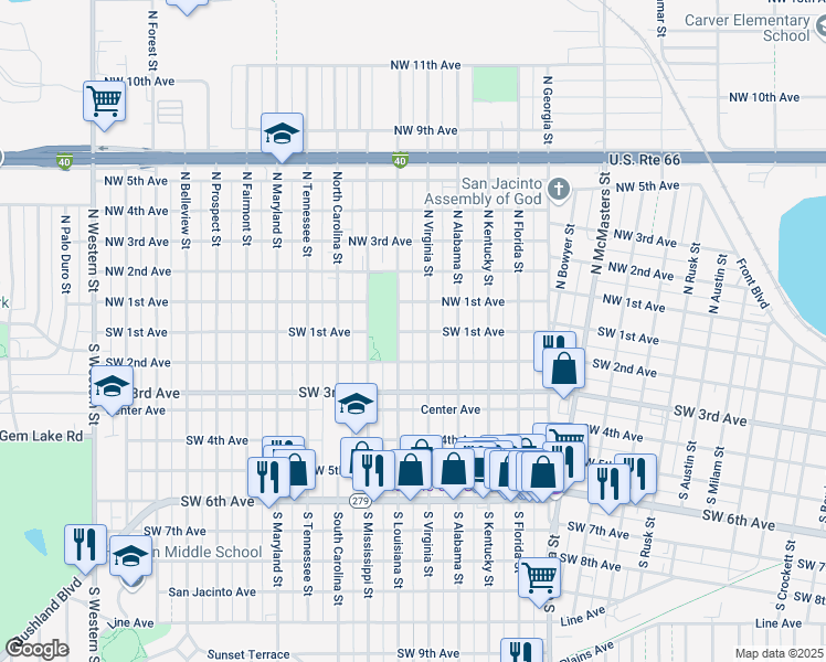map of restaurants, bars, coffee shops, grocery stores, and more near 3101 Southwest 1st Avenue in Amarillo