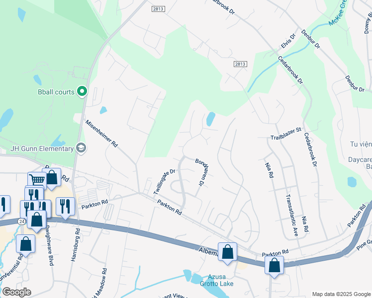 map of restaurants, bars, coffee shops, grocery stores, and more near 7629 Bondhaven Drive in Charlotte