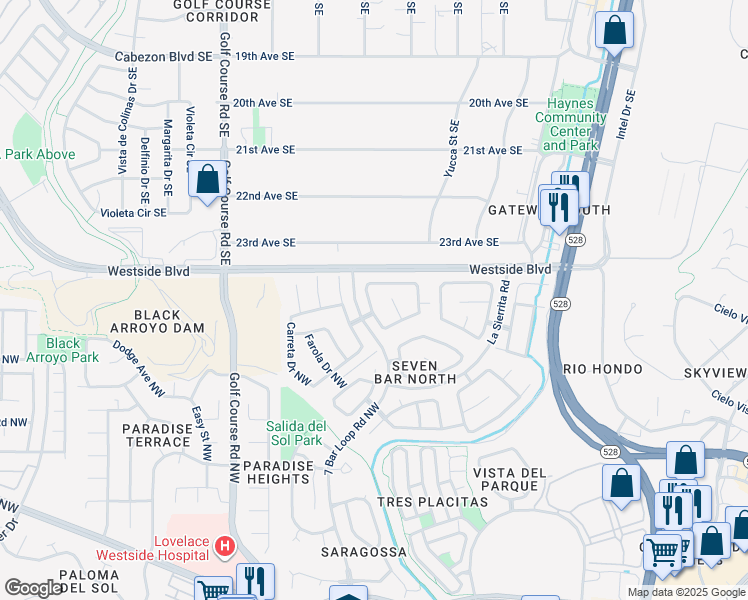 map of restaurants, bars, coffee shops, grocery stores, and more near 11004 Catamount Drive Northwest in Albuquerque