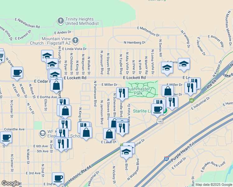 map of restaurants, bars, coffee shops, grocery stores, and more near 2628 East Elder Drive in Flagstaff