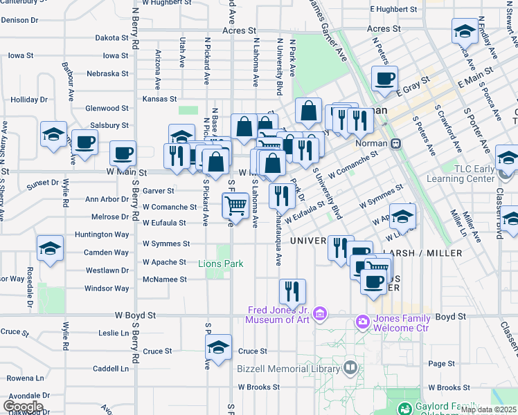 map of restaurants, bars, coffee shops, grocery stores, and more near 131 South Flood Avenue in Norman