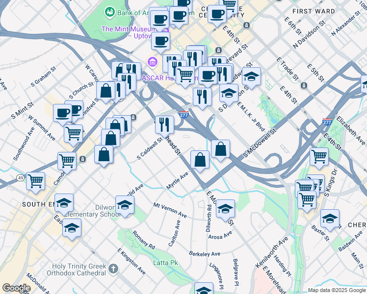 map of restaurants, bars, coffee shops, grocery stores, and more near 615 East Morehead Street in Charlotte