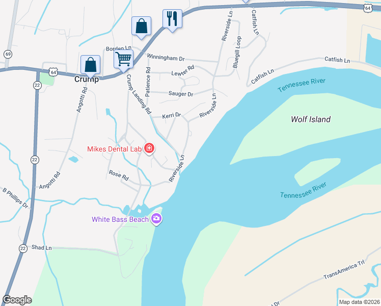 map of restaurants, bars, coffee shops, grocery stores, and more near 755 Riverside Lane in Crump