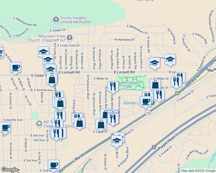 map of restaurants, bars, coffee shops, grocery stores, and more near 2628 Elder Drive in Flagstaff