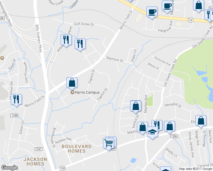 map of restaurants, bars, coffee shops, grocery stores, and more near 2900 Capitol Drive in Charlotte