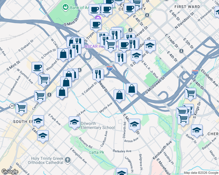 map of restaurants, bars, coffee shops, grocery stores, and more near 521 East Morehead Street in Charlotte