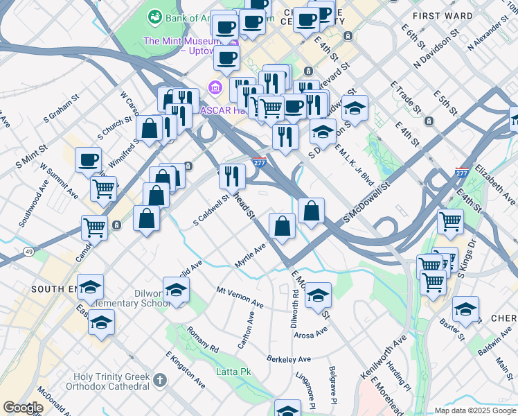 map of restaurants, bars, coffee shops, grocery stores, and more near 615 East Morehead Street in Charlotte