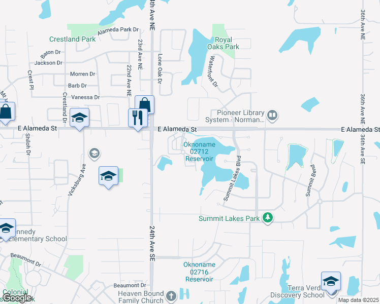 map of restaurants, bars, coffee shops, grocery stores, and more near 203 Boulevard Du Lac in Norman