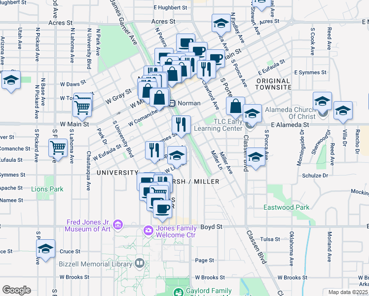 map of restaurants, bars, coffee shops, grocery stores, and more near 102 West Apache Street in Norman
