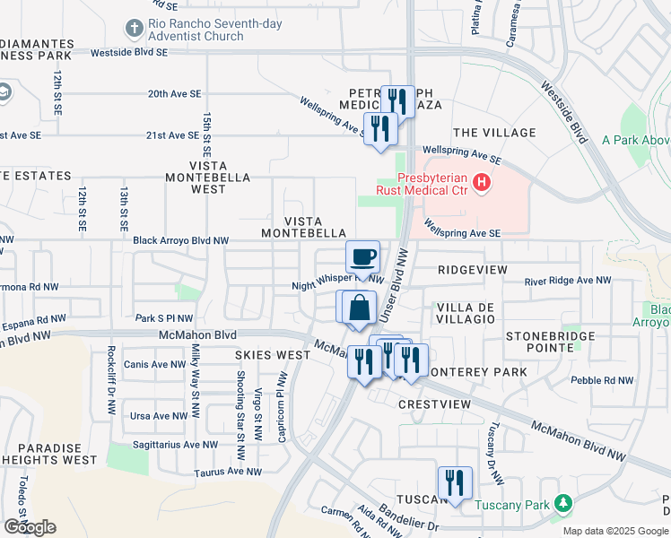 map of restaurants, bars, coffee shops, grocery stores, and more near 5755 Pinon Altos Road Northwest in Albuquerque