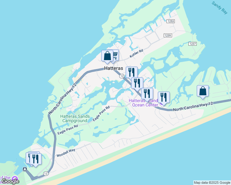 map of restaurants, bars, coffee shops, grocery stores, and more near 57224 Island Club Lane in Hatteras