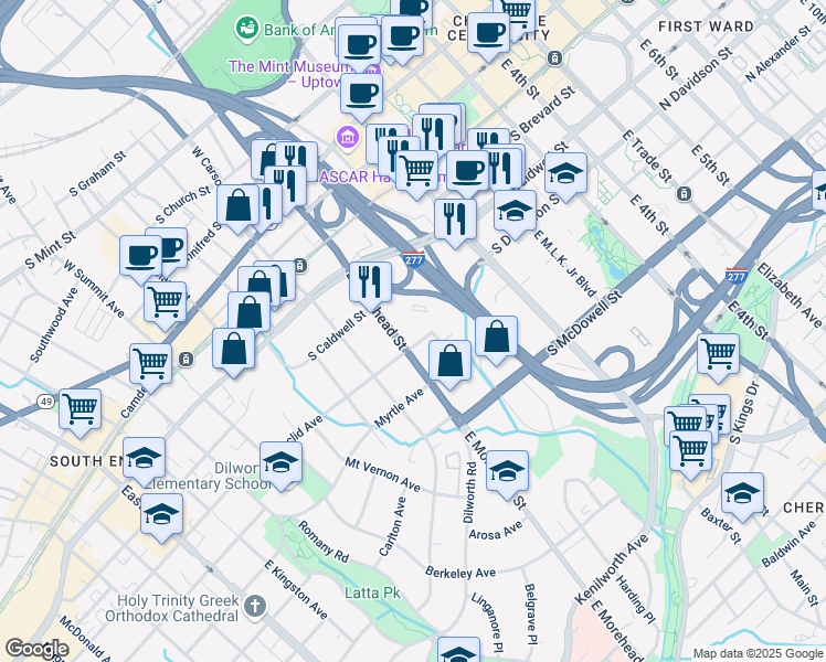 map of restaurants, bars, coffee shops, grocery stores, and more near 521 East Morehead Street in Charlotte