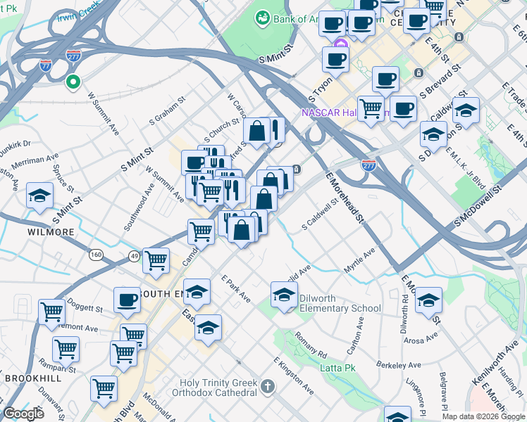 map of restaurants, bars, coffee shops, grocery stores, and more near in Charlotte