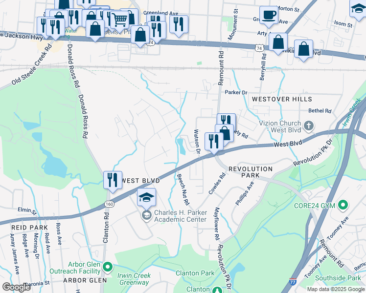 map of restaurants, bars, coffee shops, grocery stores, and more near 2732 Watson Drive in Charlotte