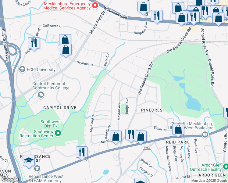 map of restaurants, bars, coffee shops, grocery stores, and more near 2624 Mayfair Avenue in Charlotte