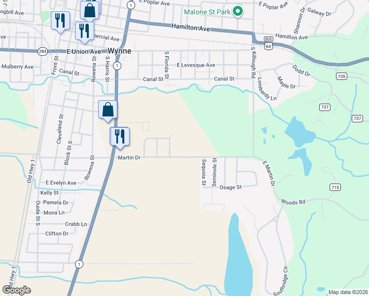 map of restaurants, bars, coffee shops, grocery stores, and more near 1100 Martin Drive in Wynne