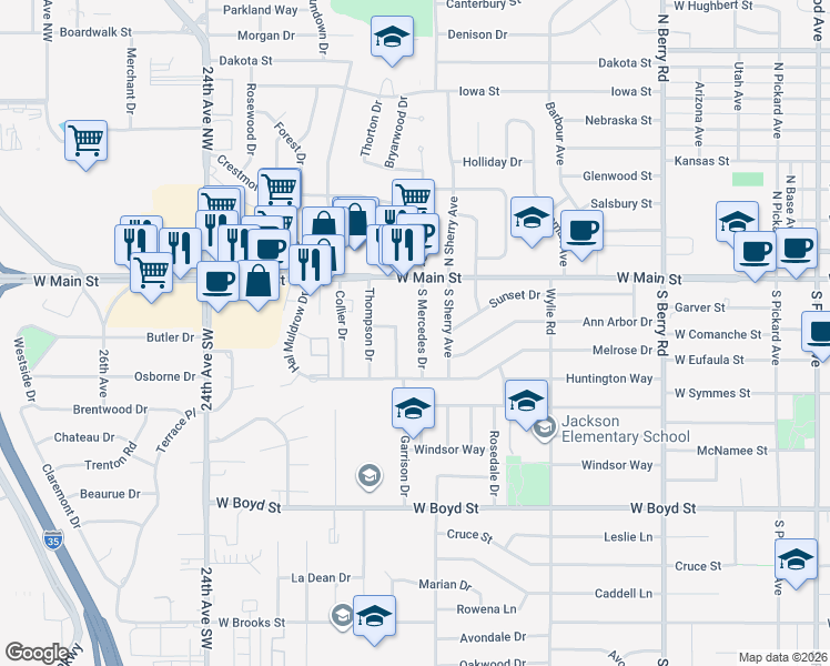 map of restaurants, bars, coffee shops, grocery stores, and more near 202 South Mercedes Drive in Norman