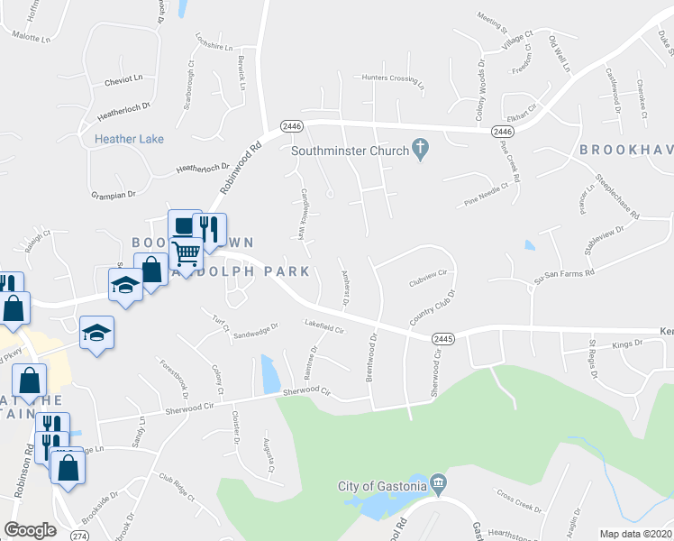 map of restaurants, bars, coffee shops, grocery stores, and more near 3505 Amherst Drive in Gastonia