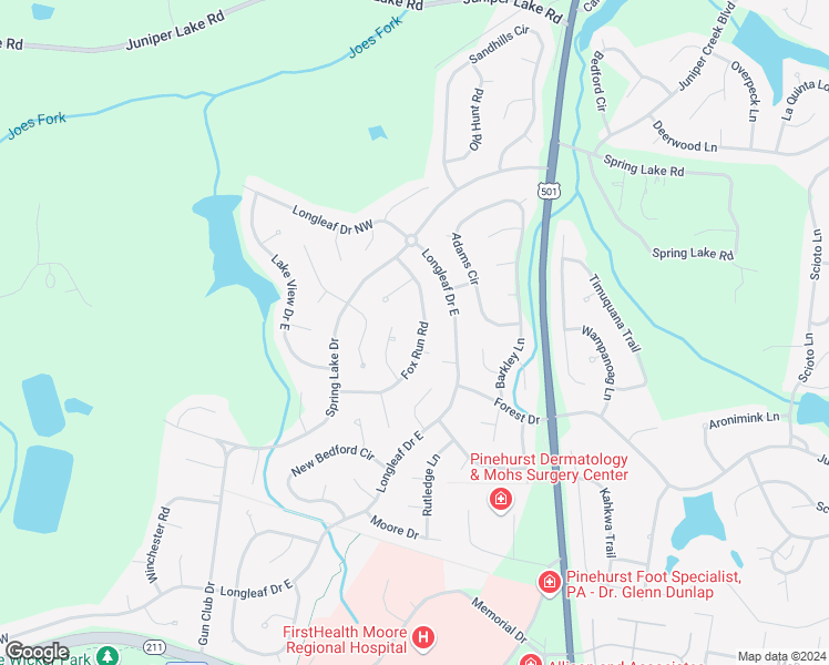 map of restaurants, bars, coffee shops, grocery stores, and more near 185 Fox Run Road in Pinehurst