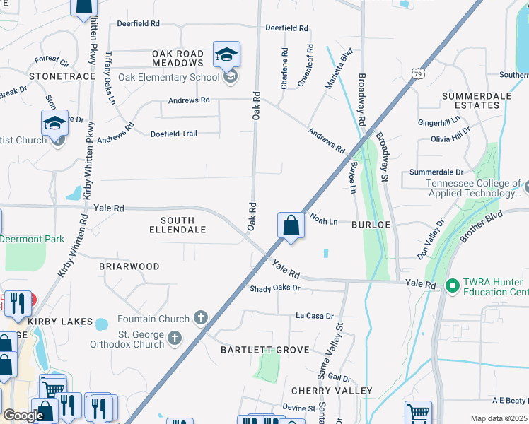 map of restaurants, bars, coffee shops, grocery stores, and more near 3334 Oak Road in Memphis