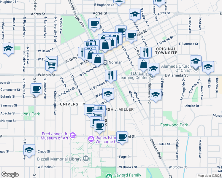 map of restaurants, bars, coffee shops, grocery stores, and more near 129 West Apache Street in Norman