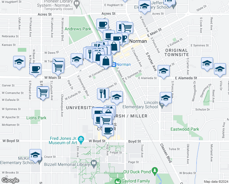 map of restaurants, bars, coffee shops, grocery stores, and more near 125 West Apache Street in Norman