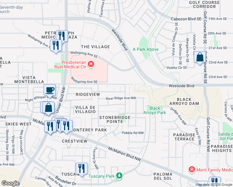 map of restaurants, bars, coffee shops, grocery stores, and more near 5224 Ridge Rock Avenue Northwest in Albuquerque
