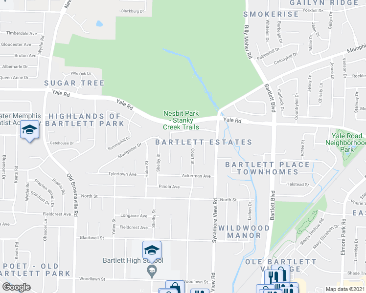 map of restaurants, bars, coffee shops, grocery stores, and more near 5765 Montpelier Drive in Bartlett