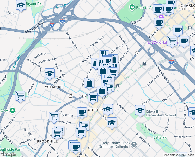 map of restaurants, bars, coffee shops, grocery stores, and more near in Charlotte