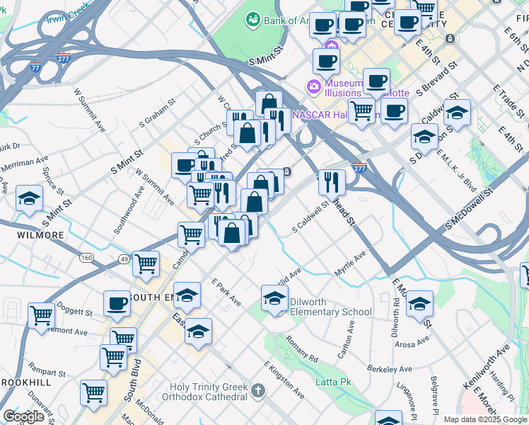 map of restaurants, bars, coffee shops, grocery stores, and more near 315 Arlington Avenue in Charlotte