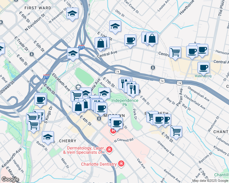 map of restaurants, bars, coffee shops, grocery stores, and more near 1500 East 7th Street in Charlotte