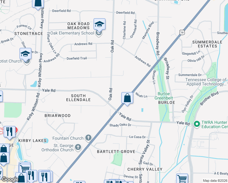map of restaurants, bars, coffee shops, grocery stores, and more near 3334 Oak Road in Memphis