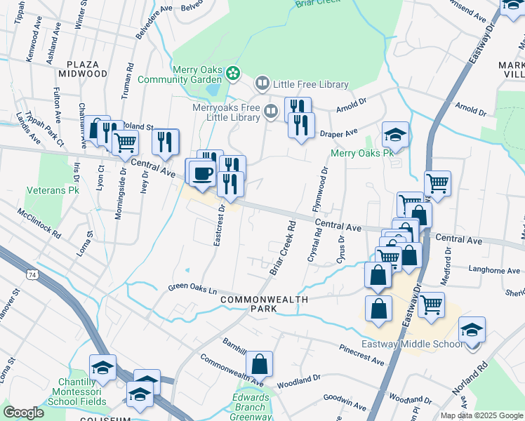 map of restaurants, bars, coffee shops, grocery stores, and more near in Charlotte