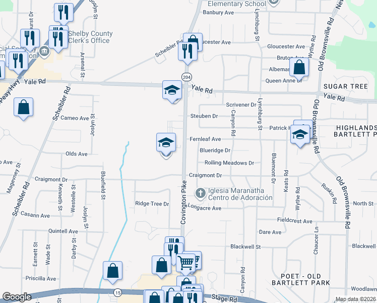 map of restaurants, bars, coffee shops, grocery stores, and more near 3345 Gatewood Drive in Memphis