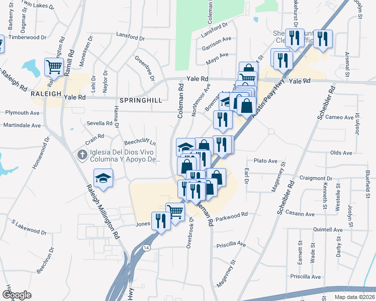 map of restaurants, bars, coffee shops, grocery stores, and more near 3351 Powers Road in Memphis