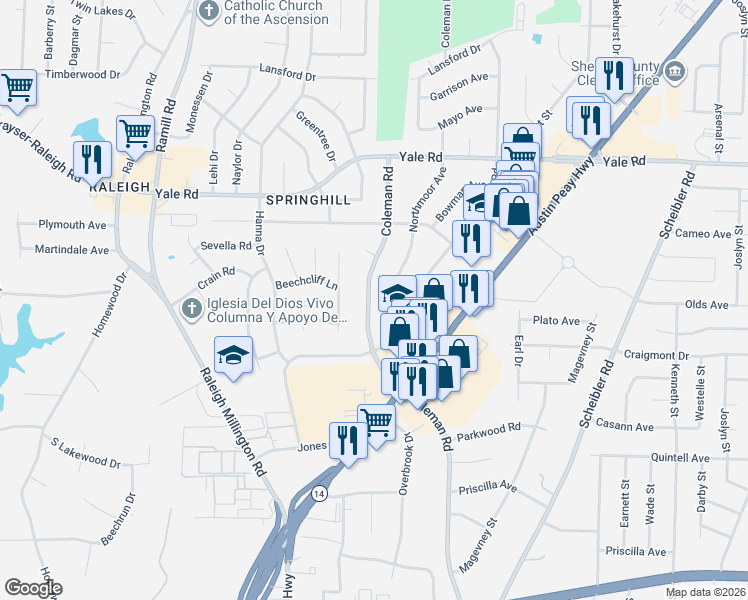 map of restaurants, bars, coffee shops, grocery stores, and more near 3350 Coleman Road in Memphis
