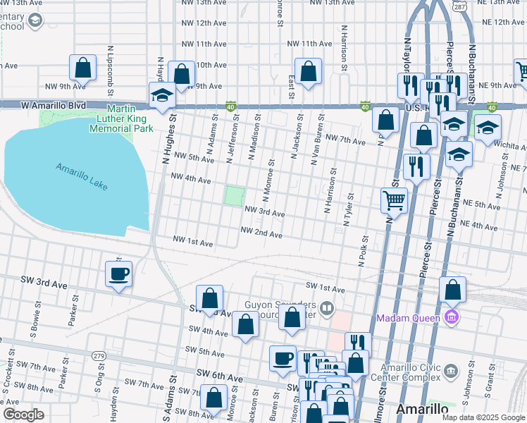 map of restaurants, bars, coffee shops, grocery stores, and more near 600 Northwest 3rd Avenue in Amarillo