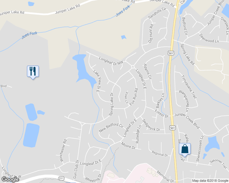 map of restaurants, bars, coffee shops, grocery stores, and more near 180 Spring Lake Drive in Pinehurst