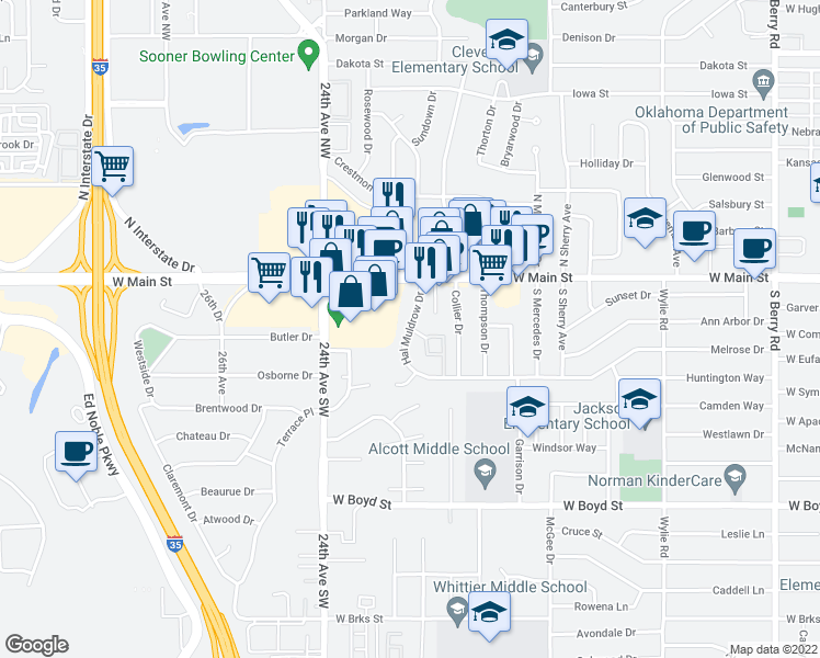 map of restaurants, bars, coffee shops, grocery stores, and more near 213 Hal Muldrow Drive in Norman