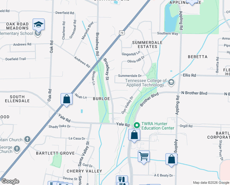 map of restaurants, bars, coffee shops, grocery stores, and more near 7377 Tina Cove in Bartlett