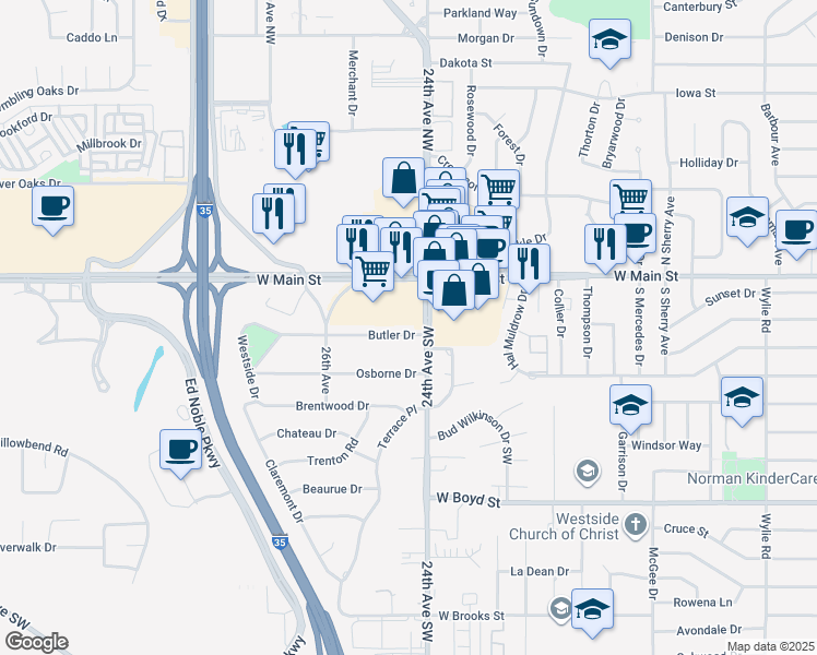 map of restaurants, bars, coffee shops, grocery stores, and more near 2409 Butler Drive in Norman