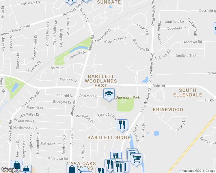map of restaurants, bars, coffee shops, grocery stores, and more near 6623 Yale Road in Bartlett