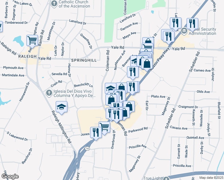 map of restaurants, bars, coffee shops, grocery stores, and more near 3351 Powers Road in Memphis