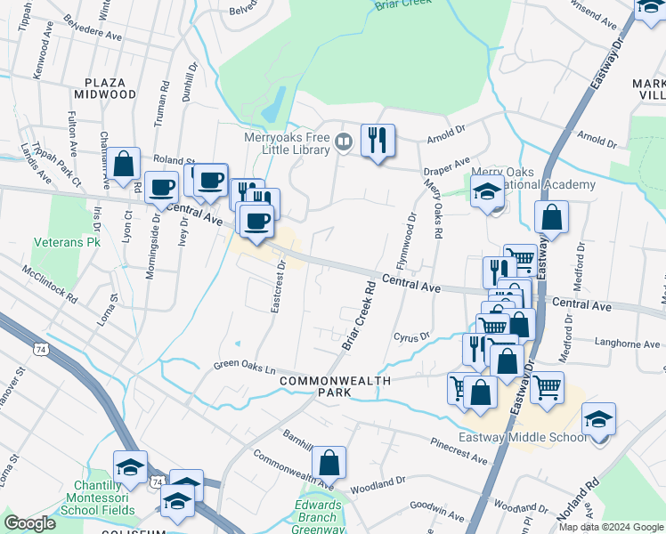 map of restaurants, bars, coffee shops, grocery stores, and more near 3164 Central Avenue in Charlotte