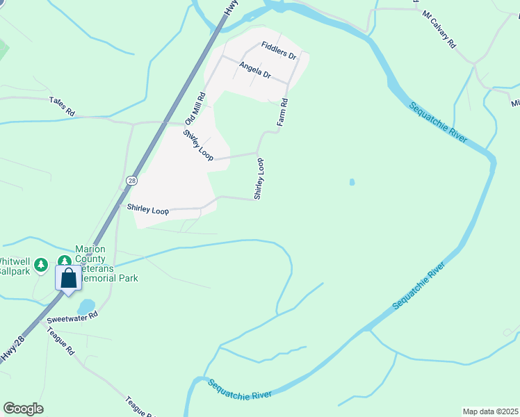 map of restaurants, bars, coffee shops, grocery stores, and more near 602 Shirley Loop in Whitwell